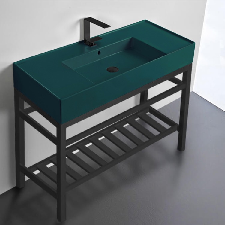 Scarabeo 5124-55-CON2-BLK Green Console Sink With Matte Black Base, Modern, 40 Inch